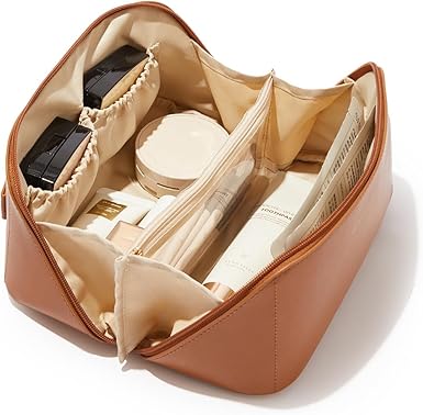 Borsa da viaggio per il trucco, trousse cosmetica di grande capacità per donna, in pelle PU impermeabile, trousse portatile con apertura piatta per la cura della pelle.