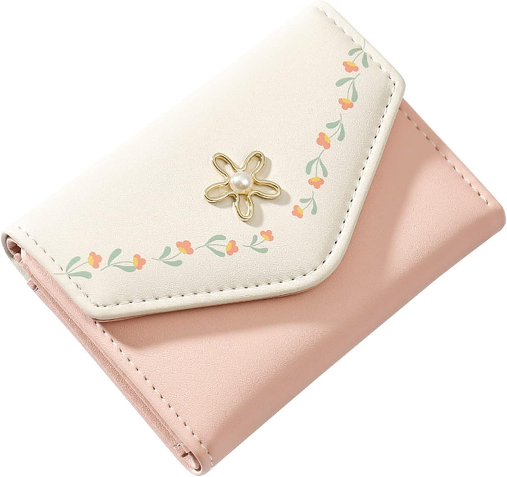 Portafoglio da donna/ragazza con grazioso motivo floreale, a tre ante, in pelle PU, sottile e corto, piccolo porta carte di credito/debito a tre ante.