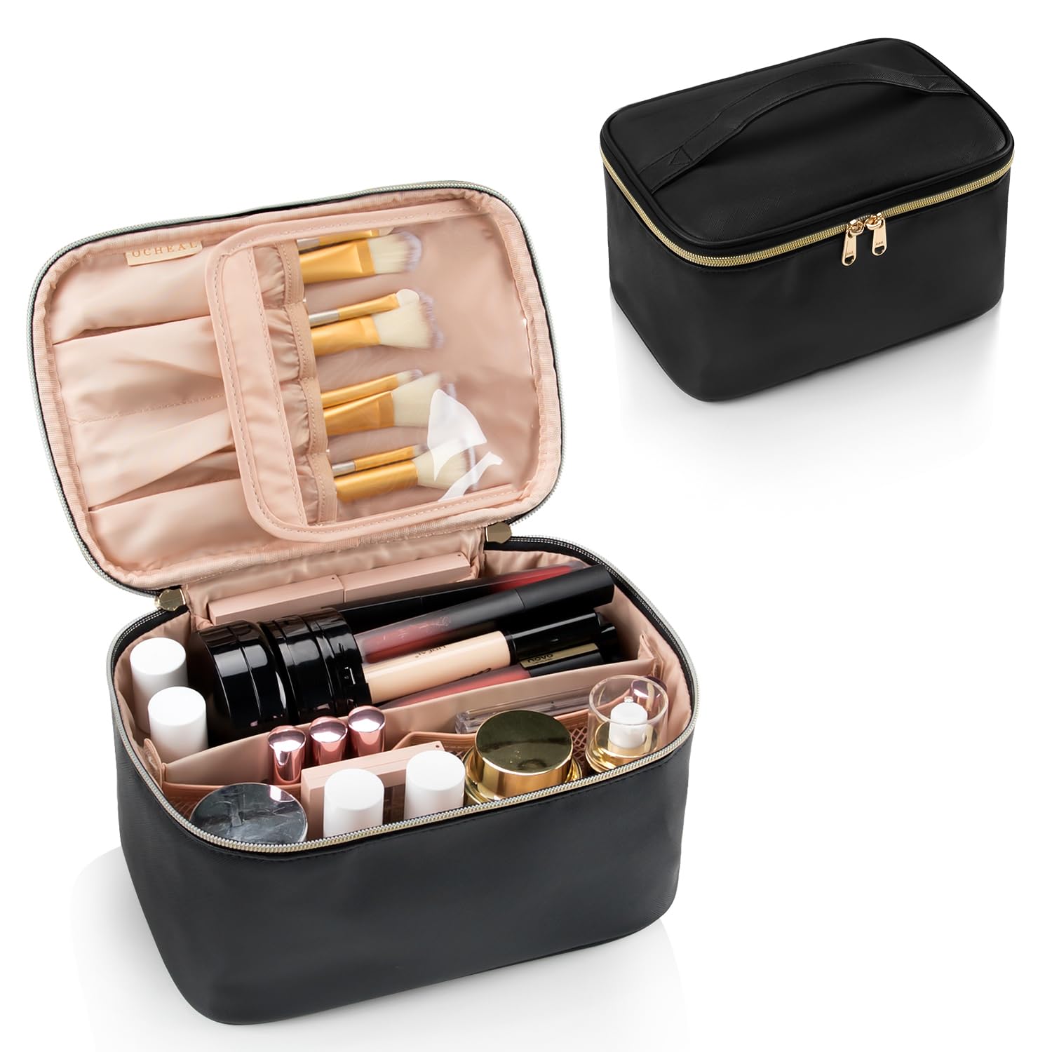 Borsa per il trucco, trousse cosmetica portatile, organizer per trucchi da viaggio di grande capacità, nera, per donna, beauty case da viaggio per ragazze con maniglia e divisorio