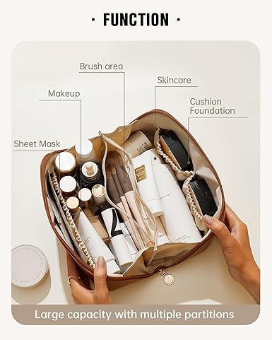 Borsa da viaggio per il trucco, trousse cosmetica di grande capacità per donna, in pelle PU impermeabile, trousse portatile con apertura piatta per la cura della pelle.