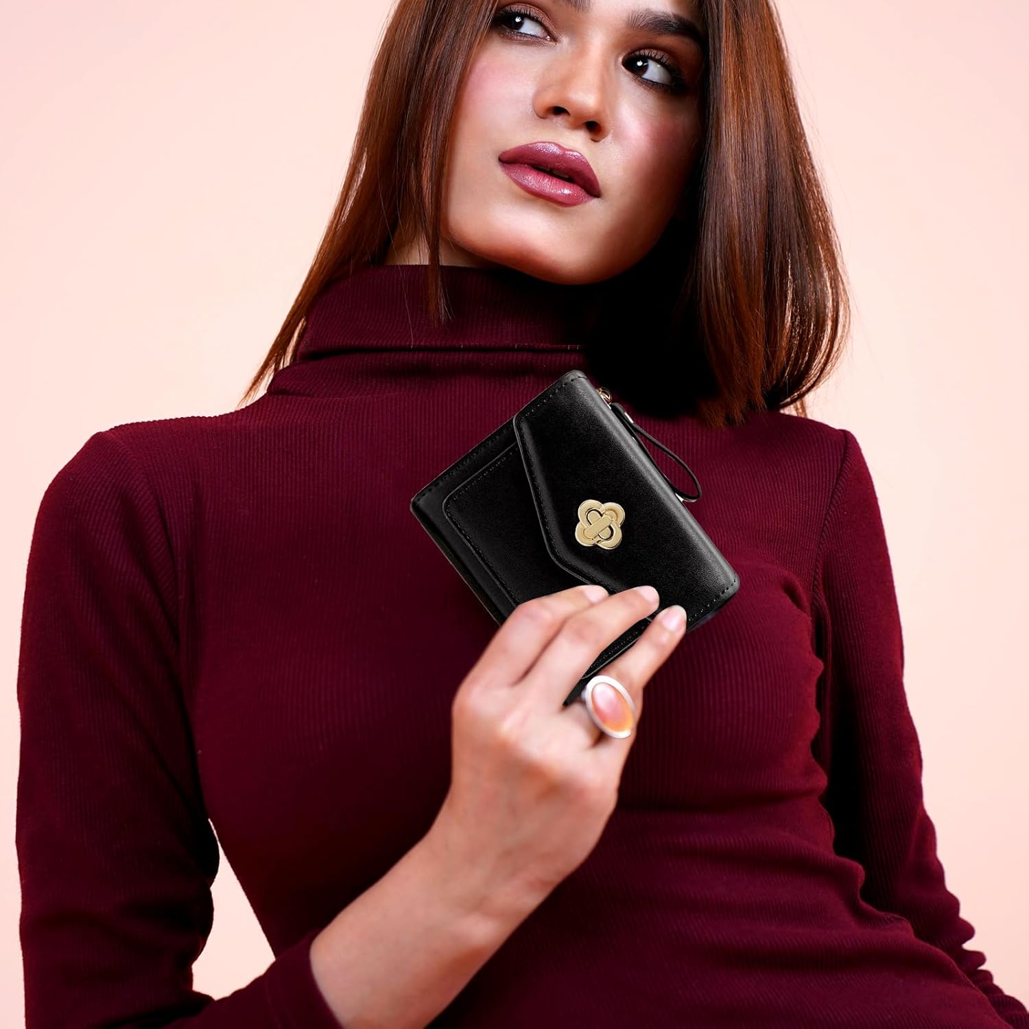 Portafoglio da donna in pelle a due ante, grazioso portafoglio piccolo e lussuoso, porta carte di credito con cerniera e tasca portamonete.