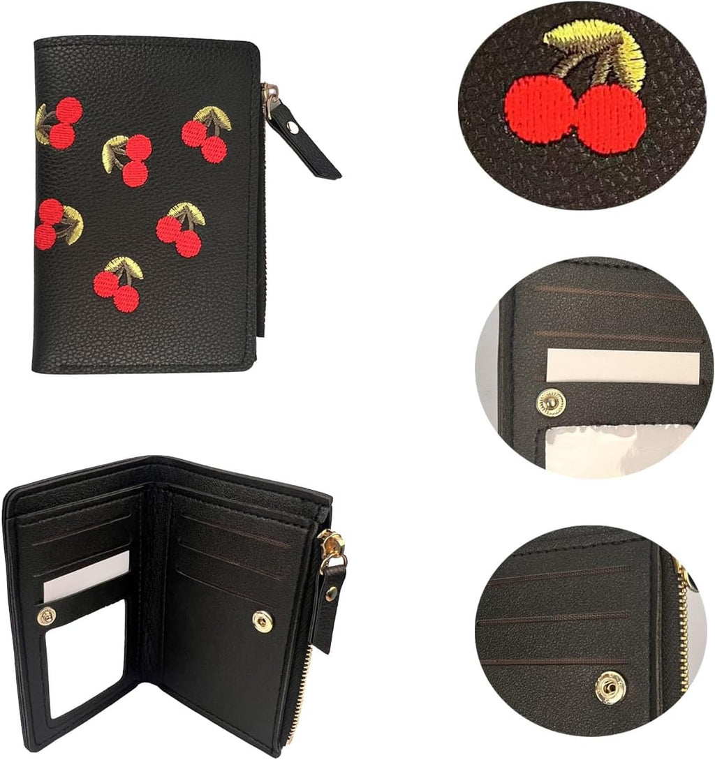 Portafoglio piccolo da donna | Portafoglio con ciliegie IN Portafoglio corto da donna carino ricamato | Portafoglio da donna e ragazza alla moda e versatile in pelle PU con cerniera per la vita quotidiana