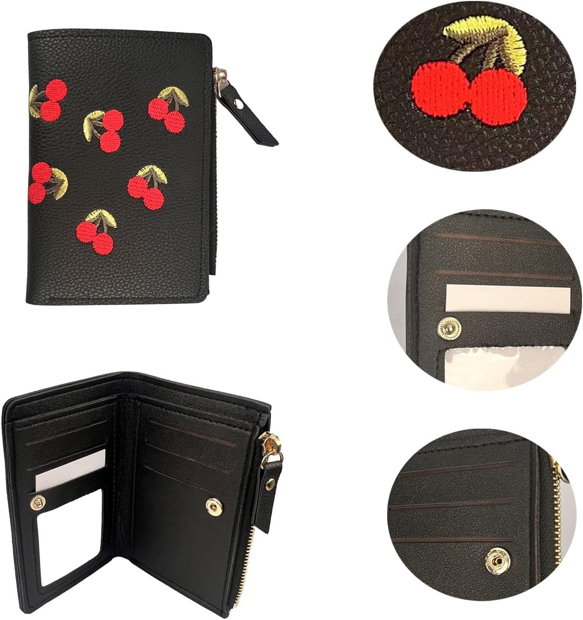 Portafoglio piccolo da donna | Portafoglio con ciliegie IN Portafoglio corto da donna carino ricamato | Portafoglio da donna e ragazza alla moda e versatile in pelle PU con cerniera per la vita quotidiana