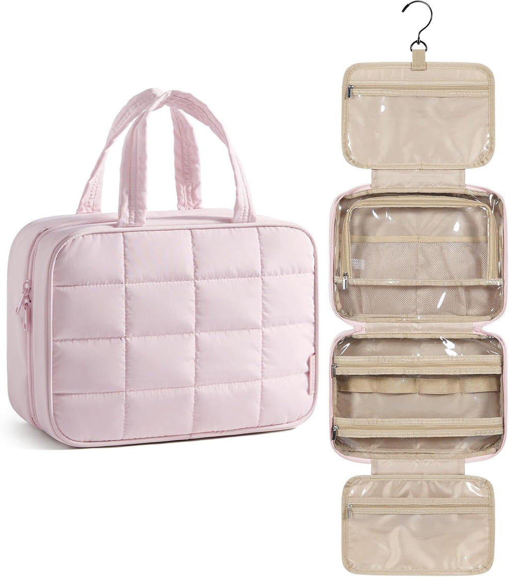 Beauty case da viaggio per donna, borsa da viaggio da appendere per articoli da toilette, organizer per cosmetici e trucchi, accessori essenziali per il bagaglio a mano.
