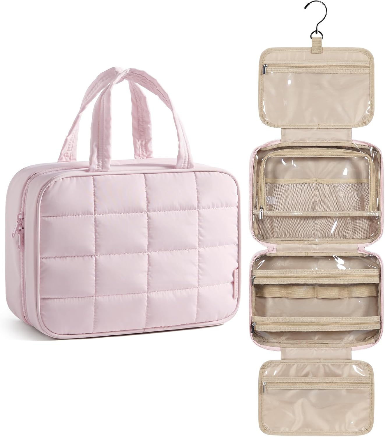 Beauty case da viaggio per donna, borsa da viaggio da appendere per articoli da toilette, organizer per cosmetici e trucchi, accessori essenziali per il bagaglio a mano.