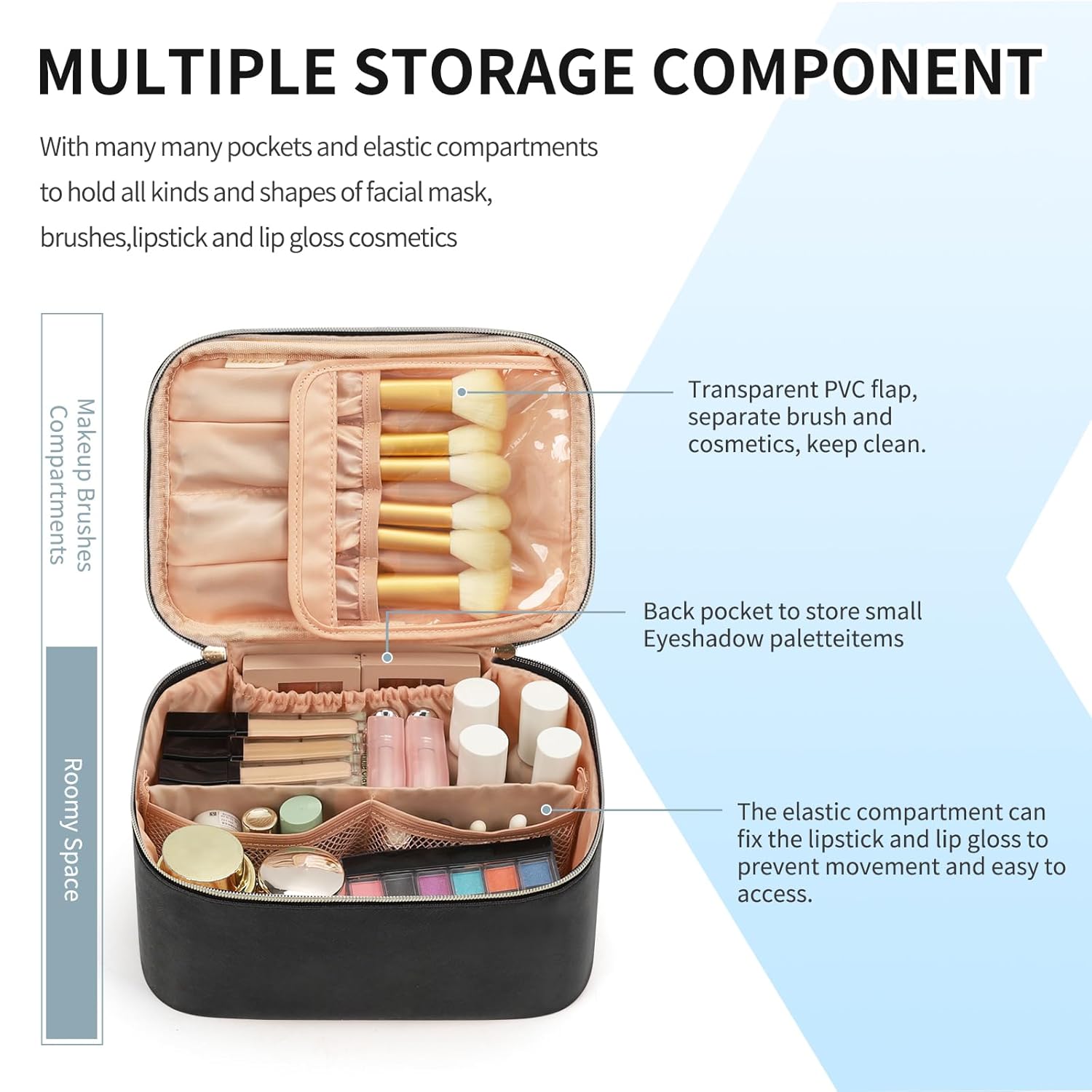 Borsa per il trucco, trousse cosmetica portatile, organizer per trucchi da viaggio di grande capacità, nera, per donna, beauty case da viaggio per ragazze con maniglia e divisorio