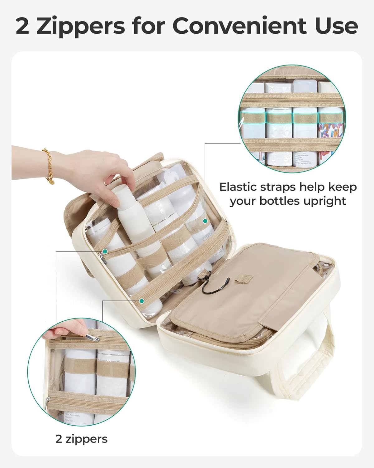 Beauty case da viaggio per donna, borsa da viaggio da appendere per articoli da toilette, organizer per cosmetici e trucchi, accessori essenziali per il bagaglio a mano.