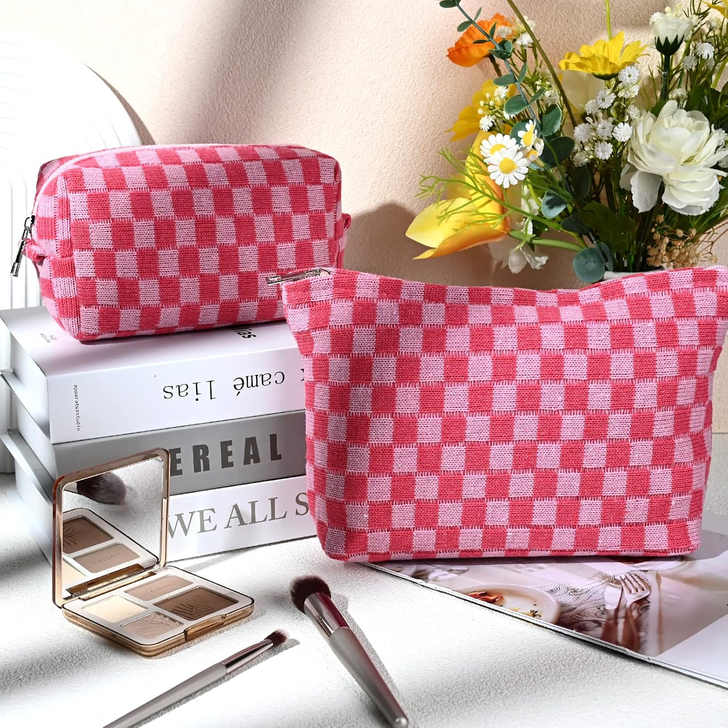 Set di 2 trousse per il trucco, borsa cosmetica grande a quadri, borsa da viaggio in tela, organizer per articoli da toilette, accessori estetici e graziosi per pennelli da trucco.