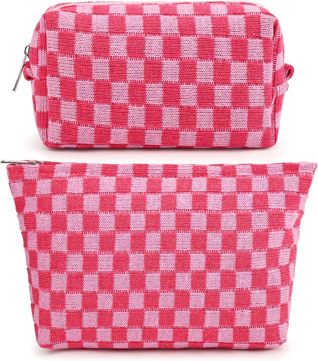 Set di 2 trousse per il trucco, borsa cosmetica grande a quadri, borsa da viaggio in tela, organizer per articoli da toilette, accessori estetici e graziosi per pennelli da trucco.